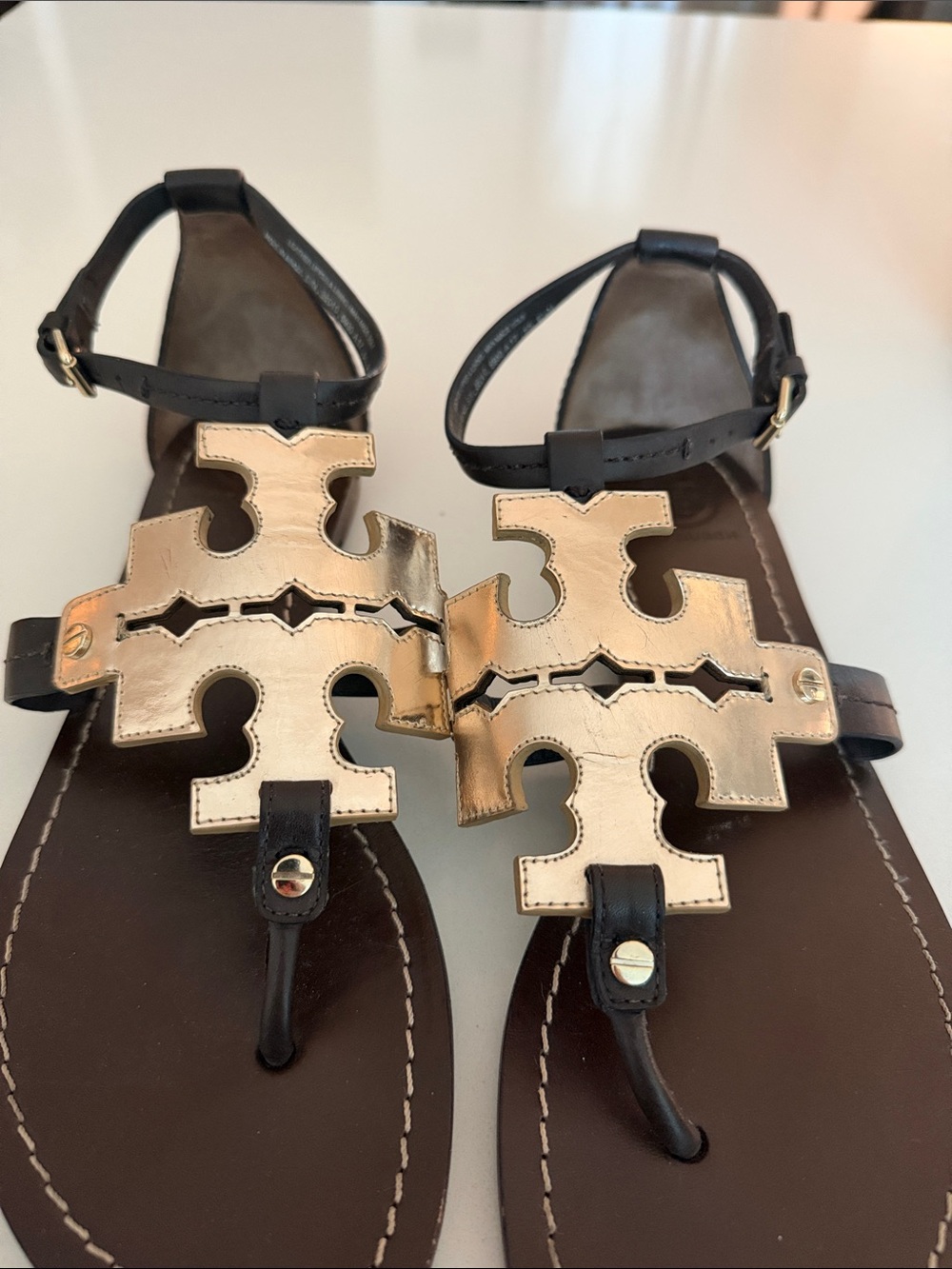 Tory Burch Brown Leather Sandals with Gold Logo Accents w/ dust bag - Picture 2 of 9